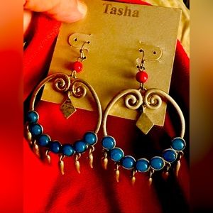 Hoops, large, turquoise and coral brushed gold dangle